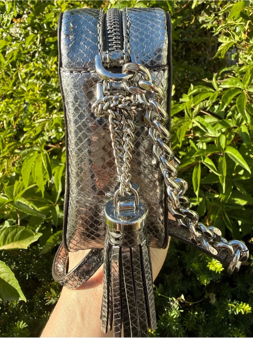 Michael Kors Ginny Metallic Pewter Snakeskin Camera Crossbody Bag READ DESC.
